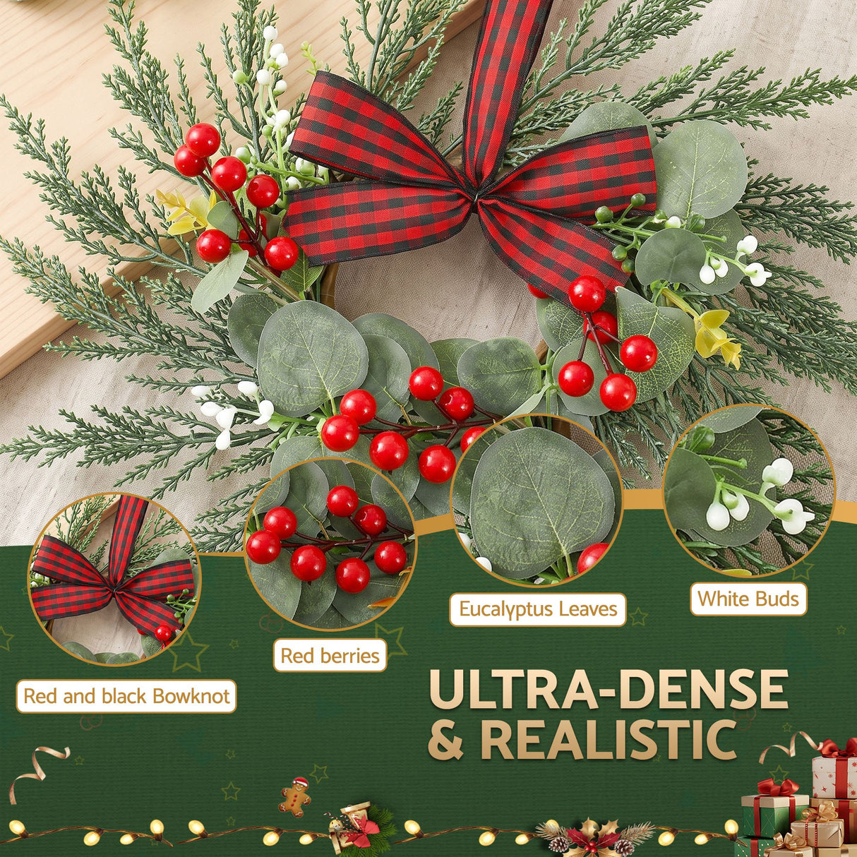 Jingle Jollys 6x Christmas Wreath Garland 26cm Pre-lit Wreaths Red Berries Bow