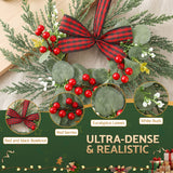 Jingle Jollys 6x Christmas Wreath Garland 26cm Pre-lit Wreaths Red Berries Bow - Top-Down View