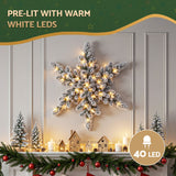 Jingle Jollys 60cm Flocked Snowflake Christmas Wreath Garland Pre-Lit 40 LED Light Decor - 45-Degree Angle