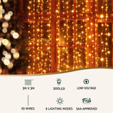 Jingle Jollys 3X3M Christmas Lights Curtain String Light 300 LED Warm White - Top-Down View
