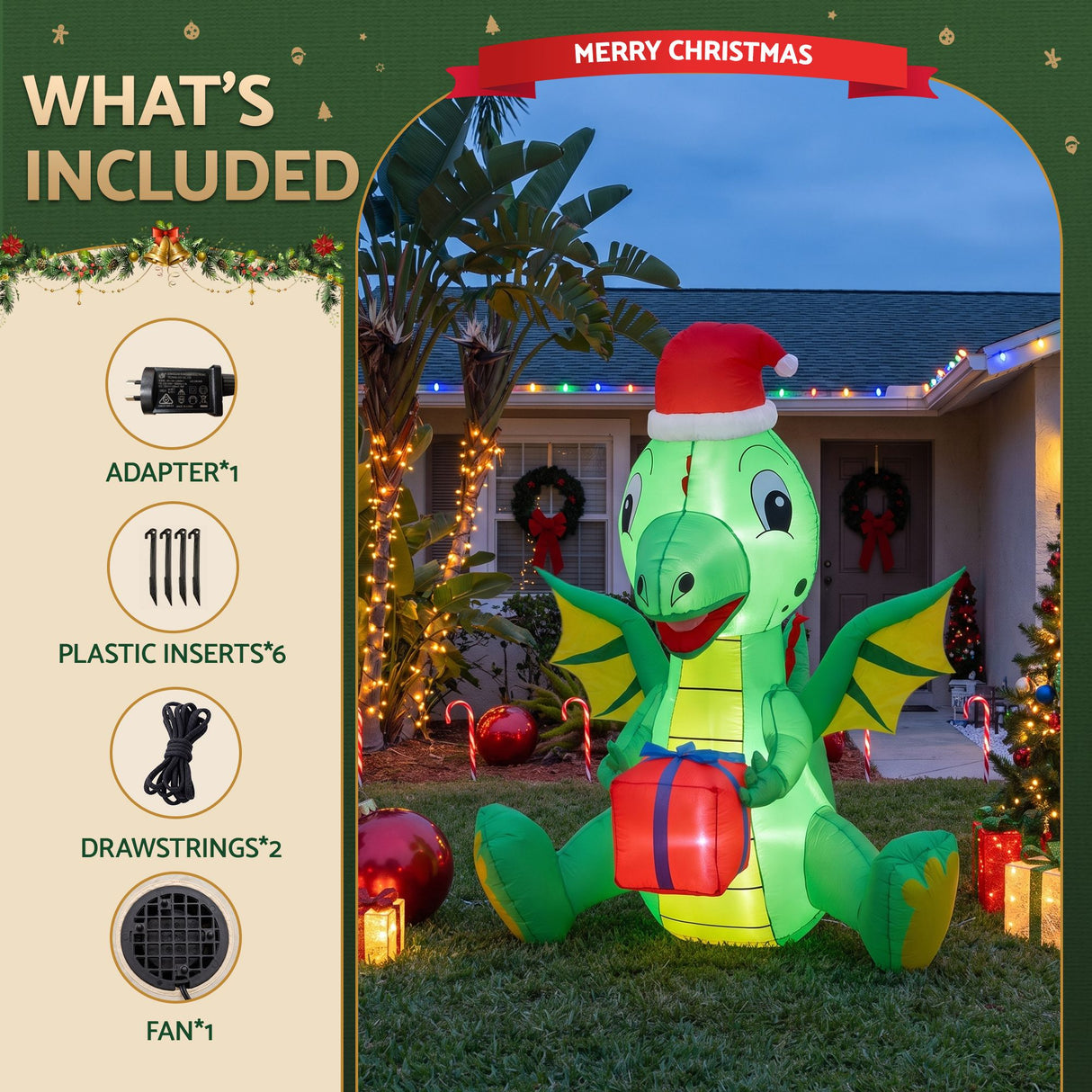 Jingle Jollys Christmas Inflatable Dragon 1.8M Height LED Outdoor Decorations Illuminated