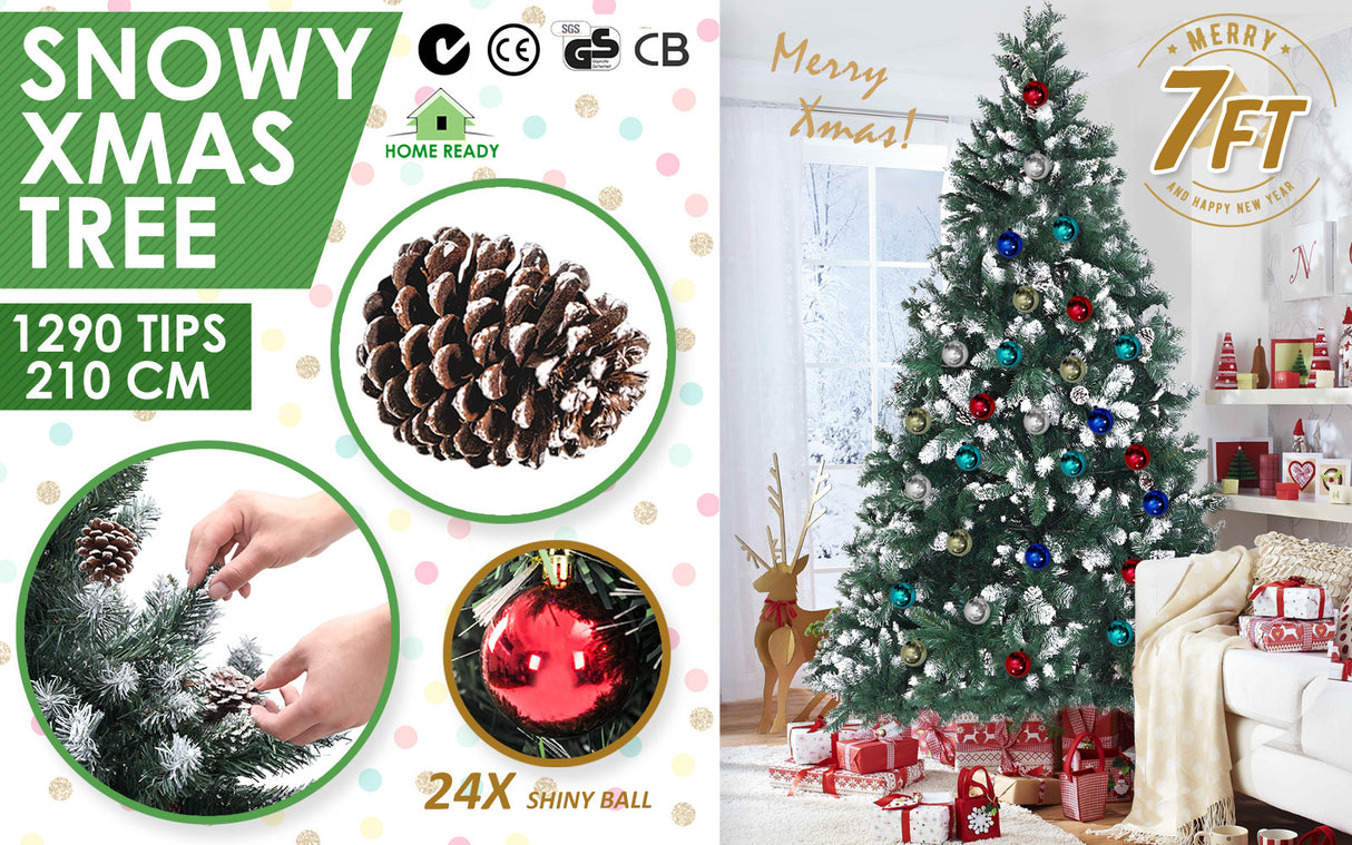 7Ft 210cm Snowy Xmas Tree Pine Cone Decor + Bauble Balls
