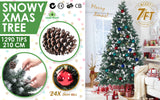 7Ft 210cm Snowy Xmas Tree Pine Cone Decor + Bauble Balls - Front View