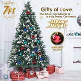 7Ft 210cm Snowy Xmas Tree Pine Cone Decor + Bauble Balls - Top-Down View