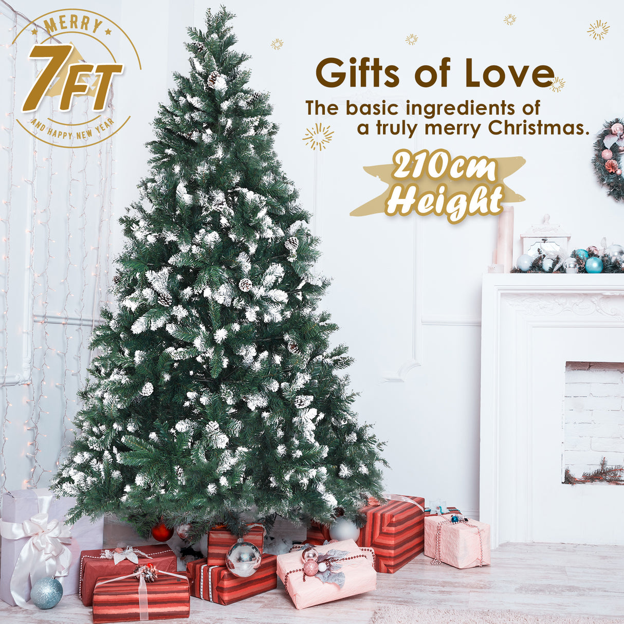 7Ft 210cm Snowy Xmas Tree Pine Cone Decor