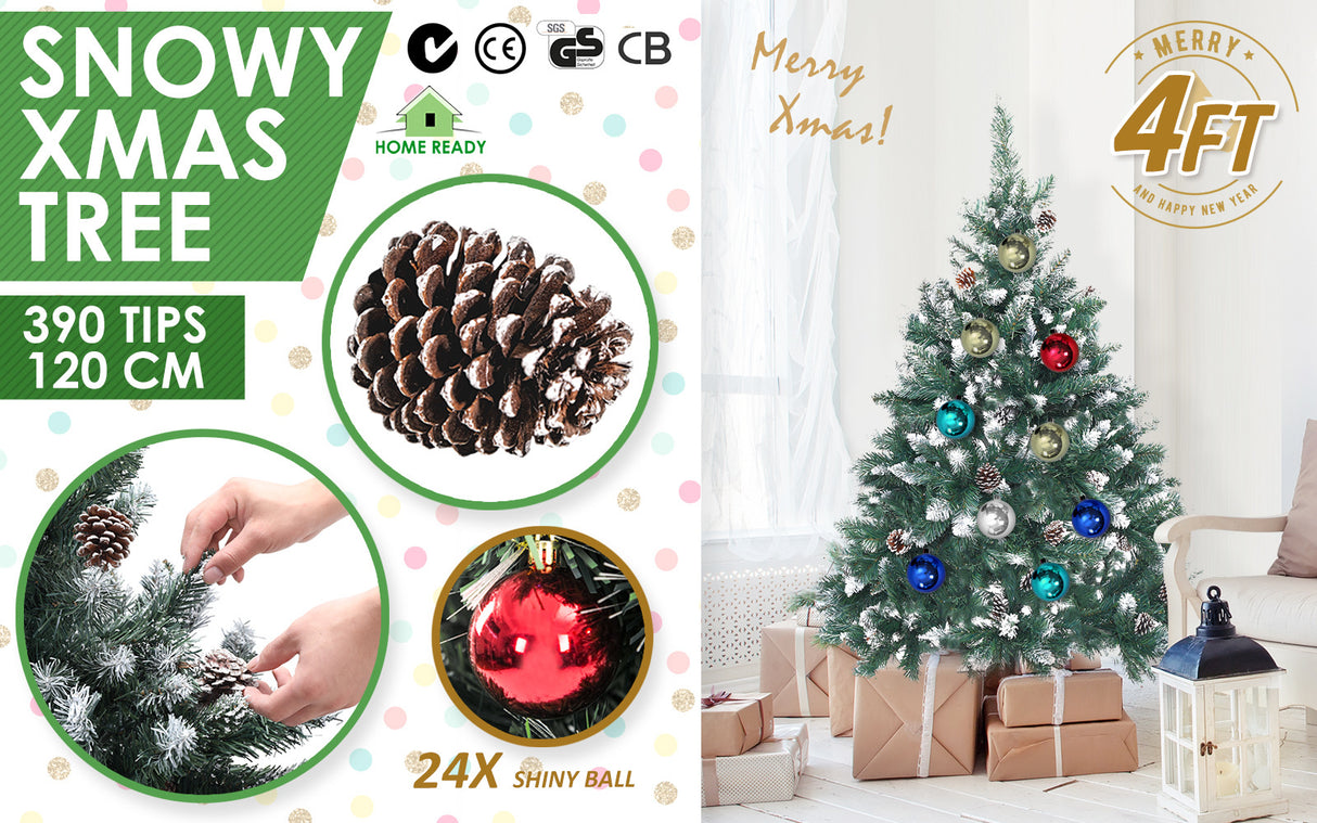 4Ft 120cm Snowy Xmas Tree Pine Cone Decor + Bauble Balls
