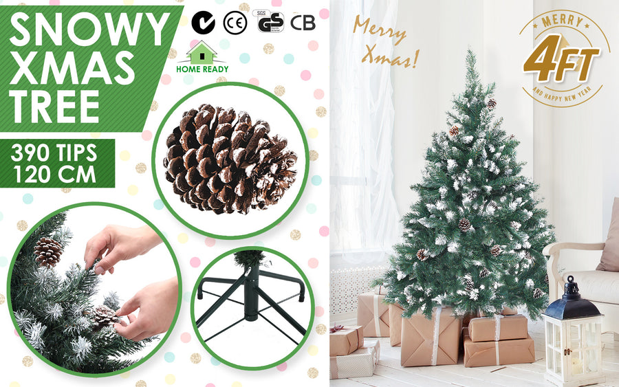 4Ft 120cm Snowy Xmas Tree Pine Cone Decor