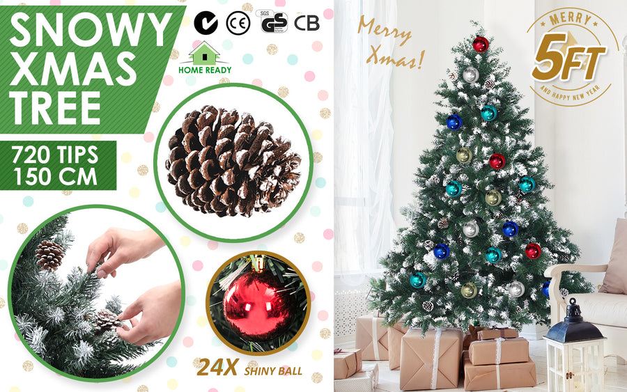 5Ft 150cm Snowy Xmas Tree Pine Cone Decor + Bauble Balls