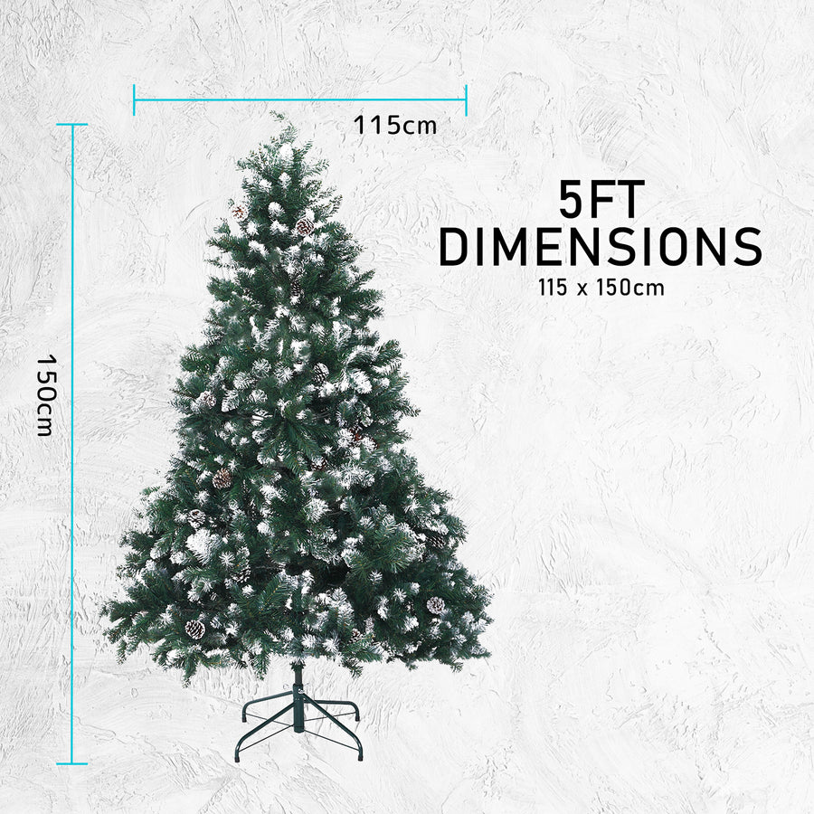 5Ft 150cm Snowy Xmas Tree Pine Cone Decor + Bauble Balls
