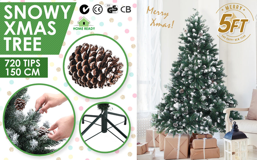 5Ft 150cm Snowy Xmas Tree Pine Cone Decor