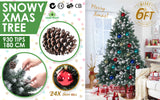 6Ft 180cm Snowy Xmas Tree Pine Cone Decor + Bauble Balls