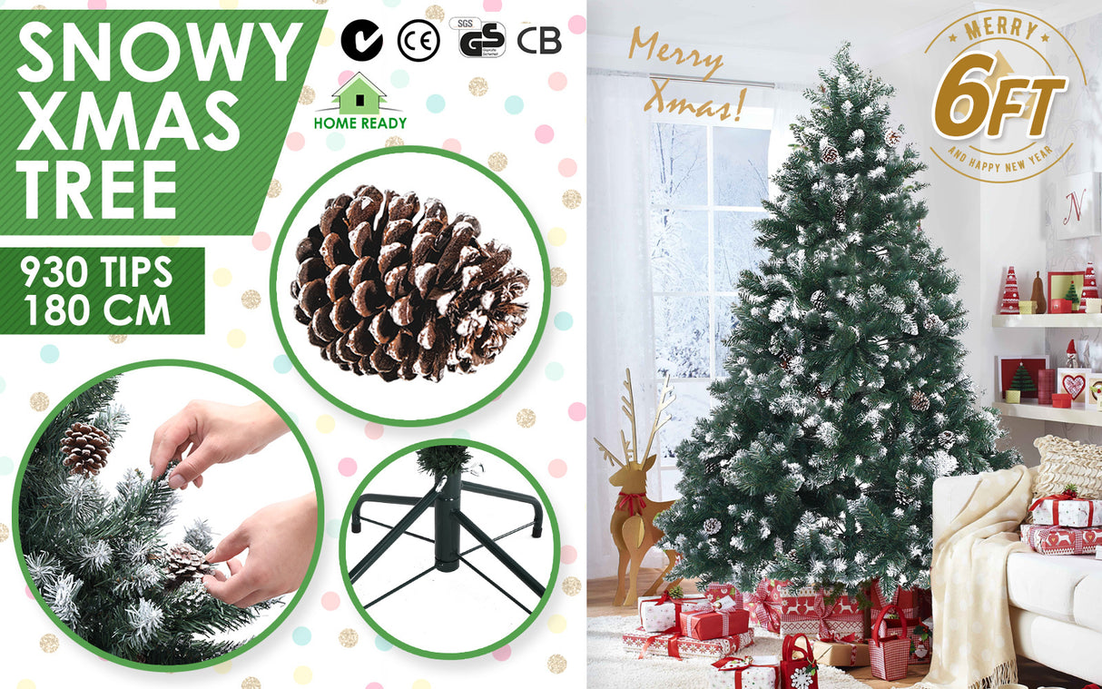 6Ft 180cm Snowy Xmas Tree Pine Cone Decor
