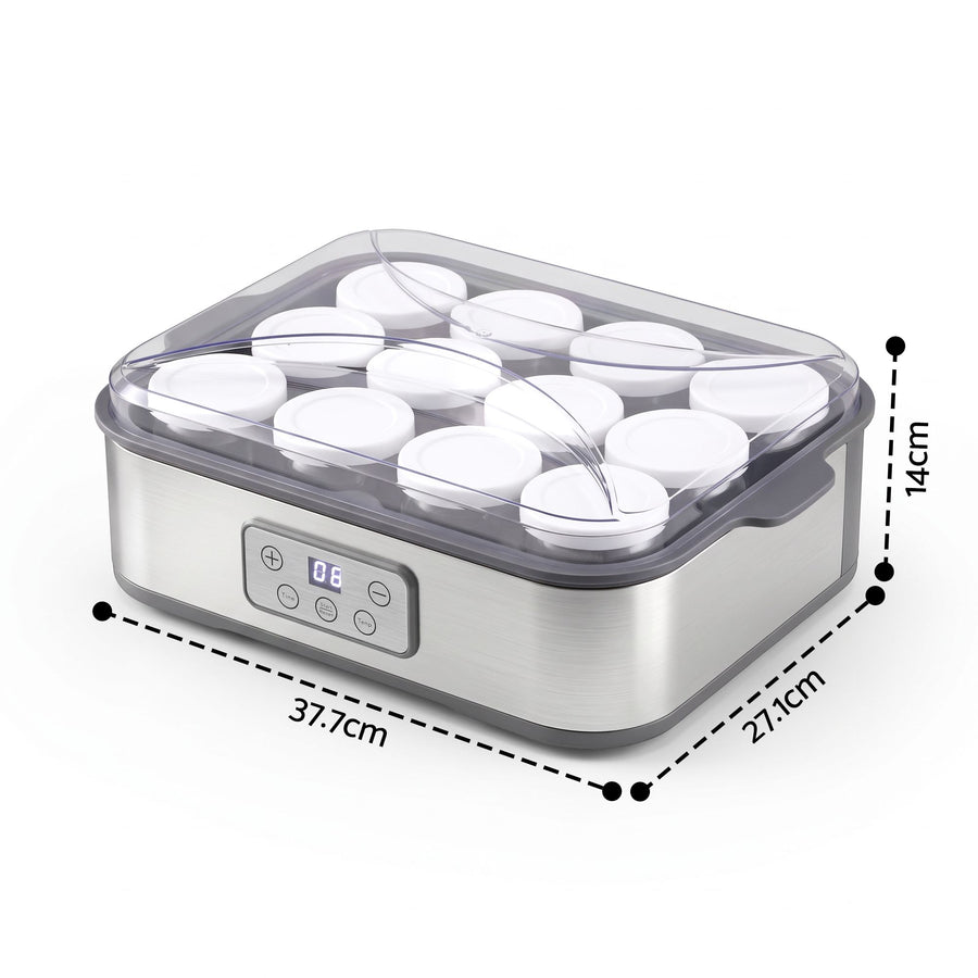 Devanti Yoghurt Maker Machine with 12x180ml Glass Cups Temp Control Grey