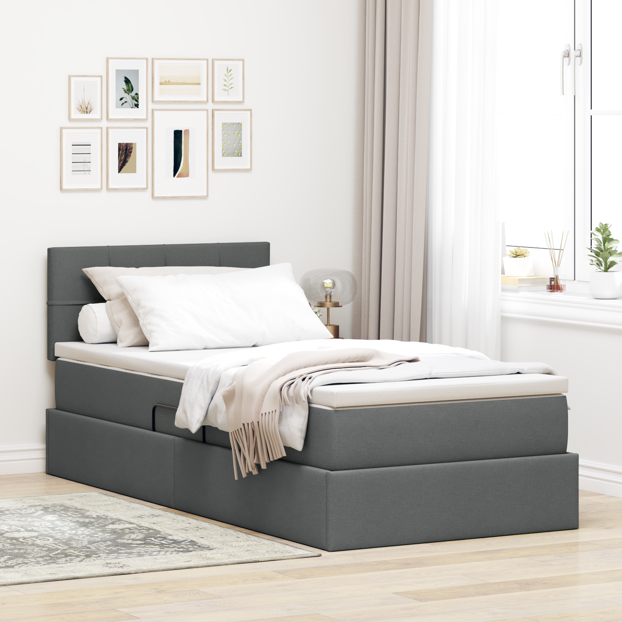 LED Storage Bed with Mattress Dark Grey 107 x 203 cm Fabric