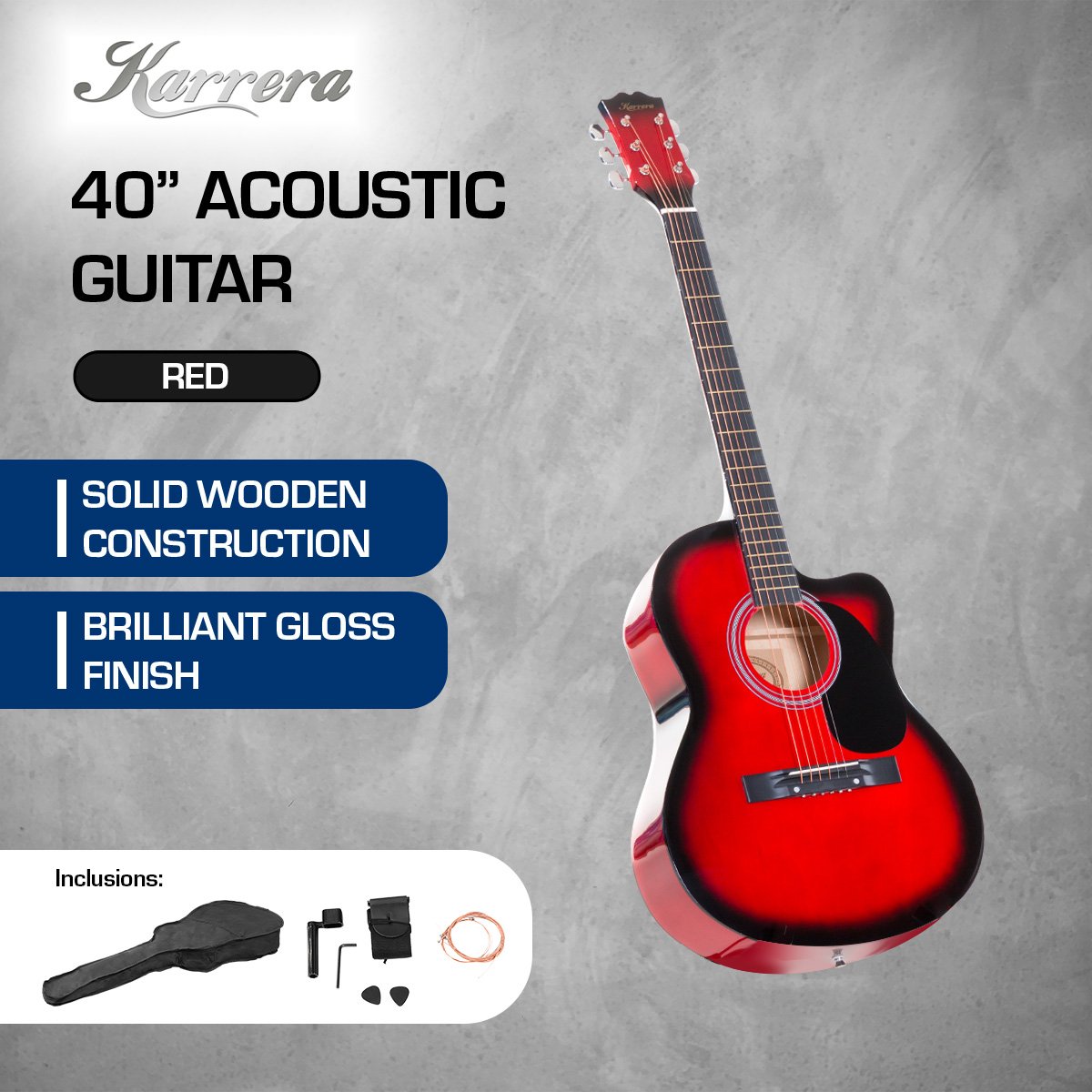 Karrera Acoustic Cutaway 40in Guitar - Red