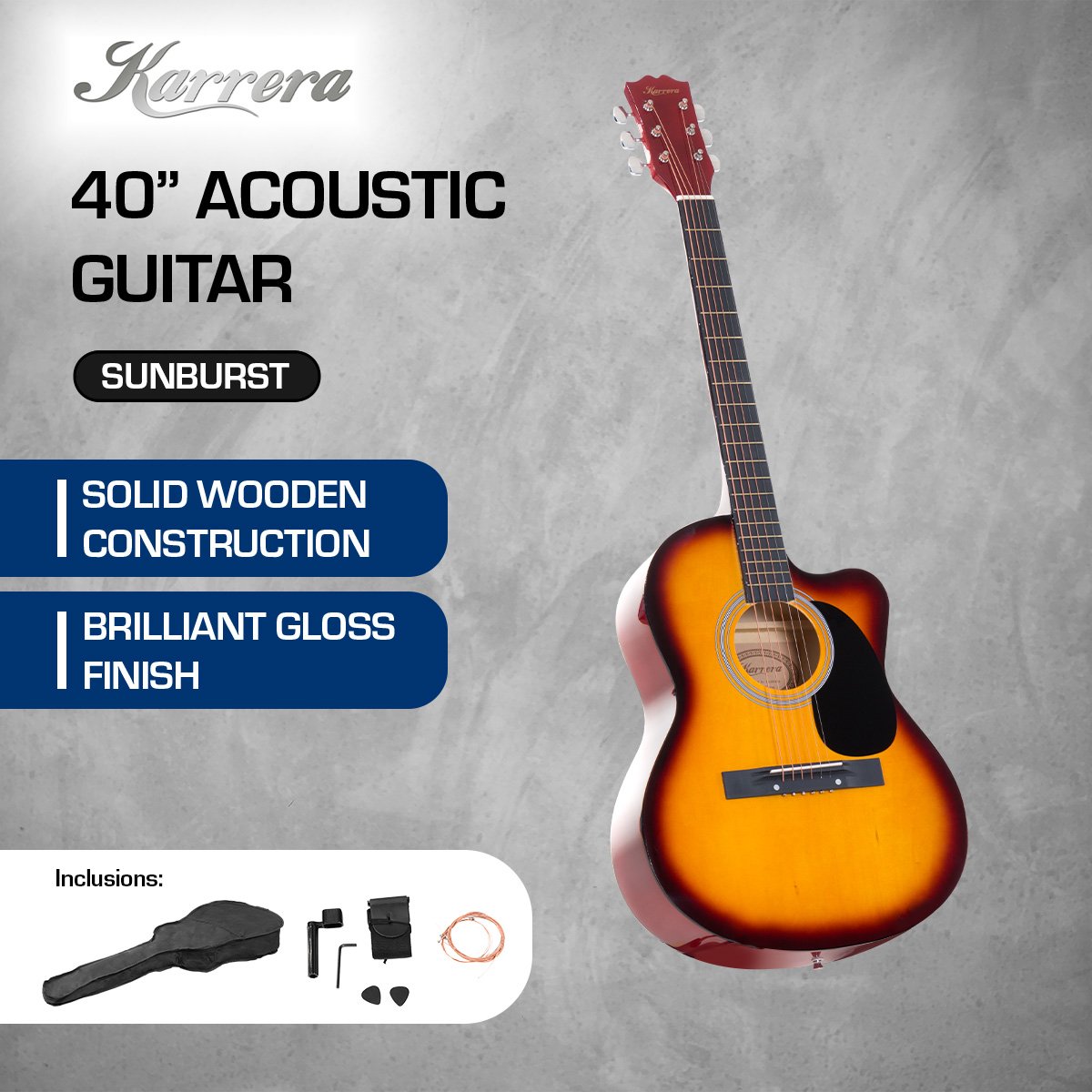 Karrera Acoustic Cutaway 40in Guitar String Music Instrument - Sunburst
