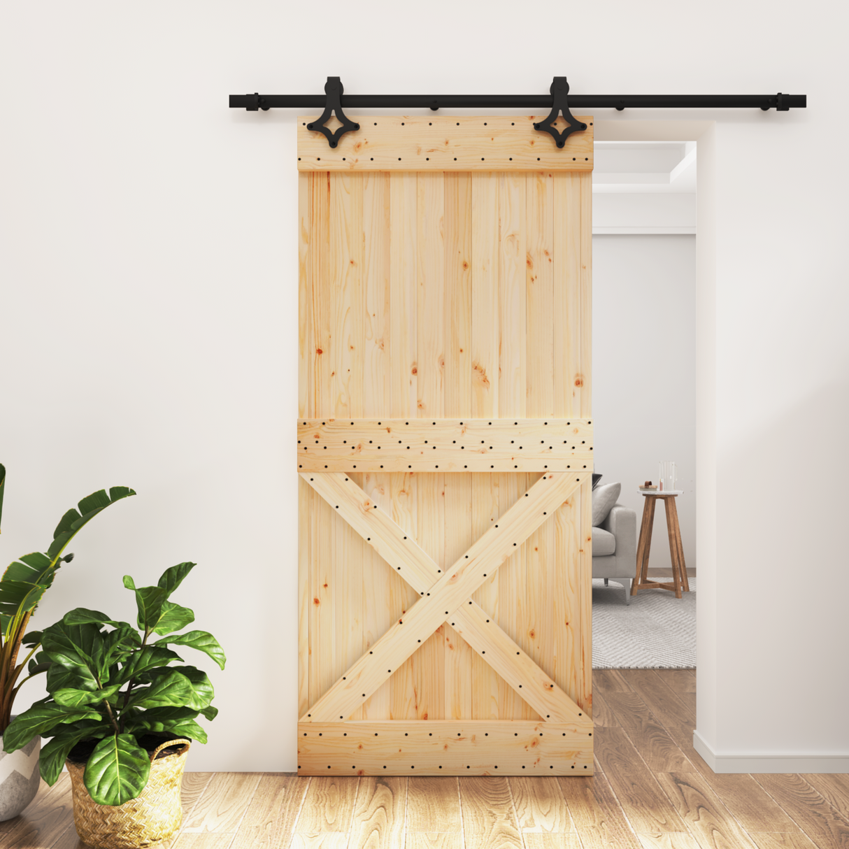 Sliding Door Natural and Black 95 x 210 cm Solid Pine Wood