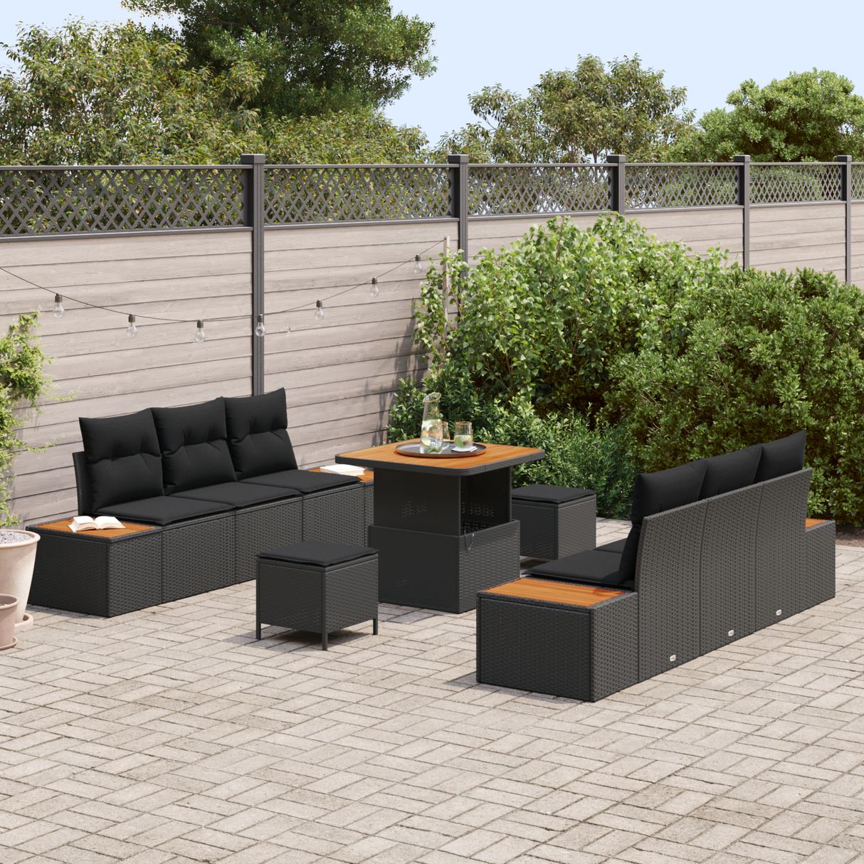 Garden Sofa Set 9 pcs Black Poly Rattan and Powder-coated Steel