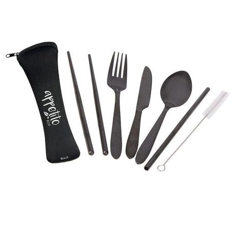 Appetito ? Stainless Steel Traveller?s Cutlery Set in Zippered Pouch Black-2006733448101892096
