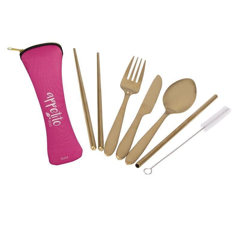 Appetito ? Stainless Steel Traveller?s Cutlery Set in Zippered Pouch Fuschia-2006733448244498432