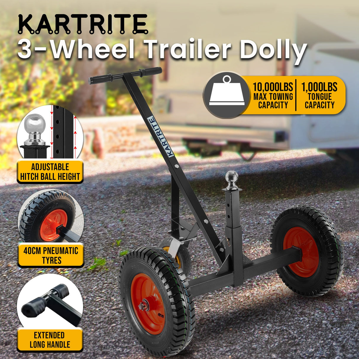 Kartrite 3-Wheel Adjustable Trailer Dolly Heavy Duty Caravan Mover 1000 lbs Tongue Capacity Dur