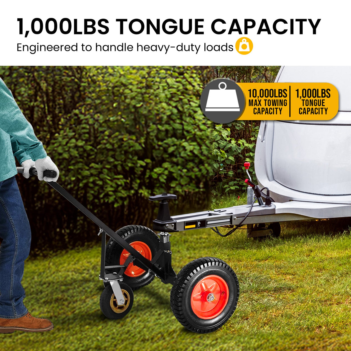 Kartrite 3-Wheel Adjustable Trailer Dolly Heavy Duty Caravan Mover 1000 lbs Tongue Capacity Dur