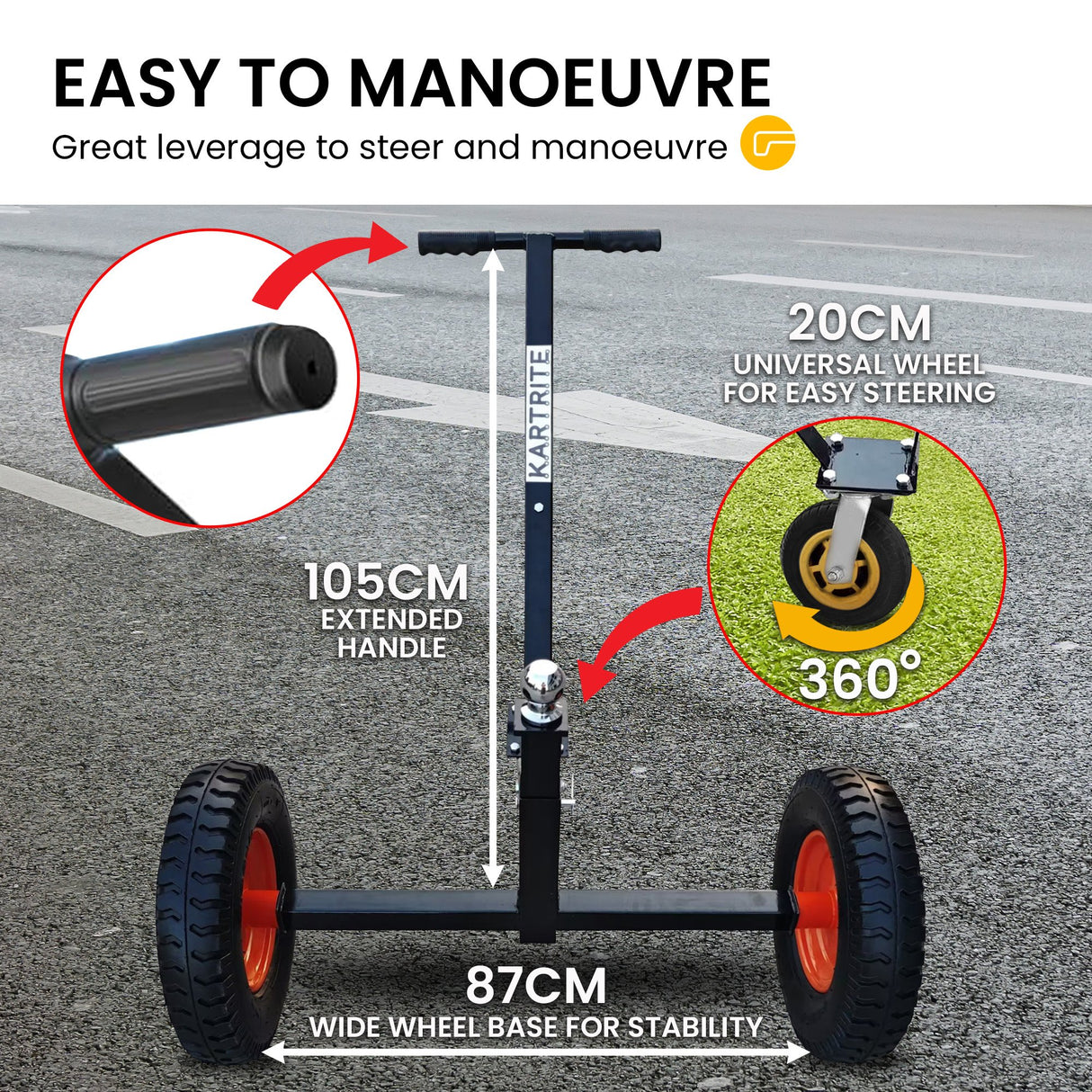 Kartrite 3-Wheel Adjustable Trailer Dolly Heavy Duty Caravan Mover 1000 lbs Tongue Capacity Dur