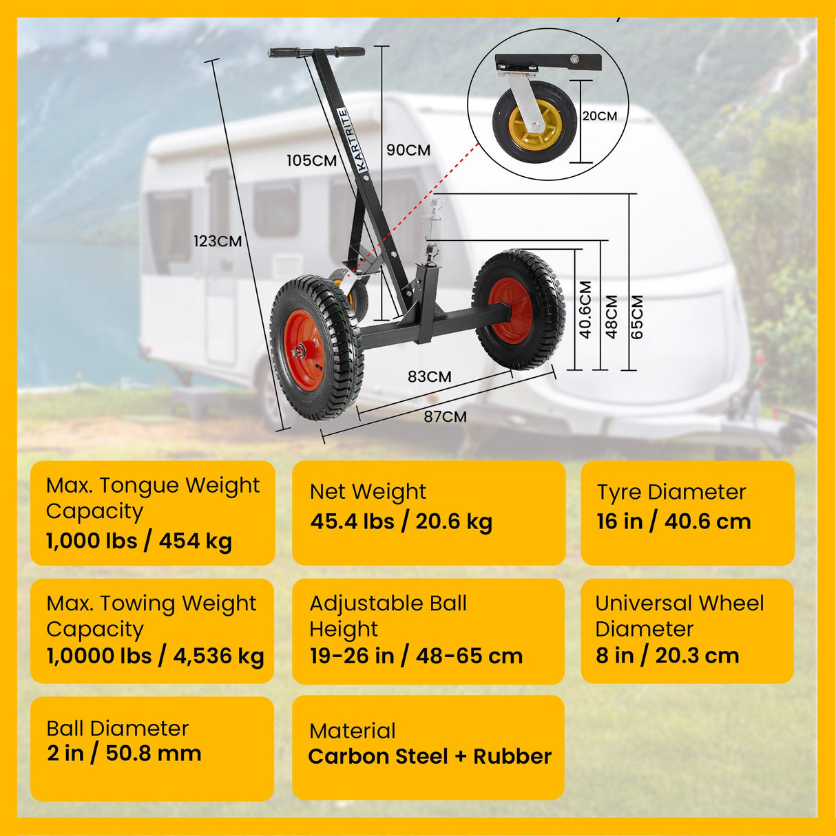 Kartrite 3-Wheel Adjustable Trailer Dolly Heavy Duty Caravan Mover 1000 lbs Tongue Capacity Dur
