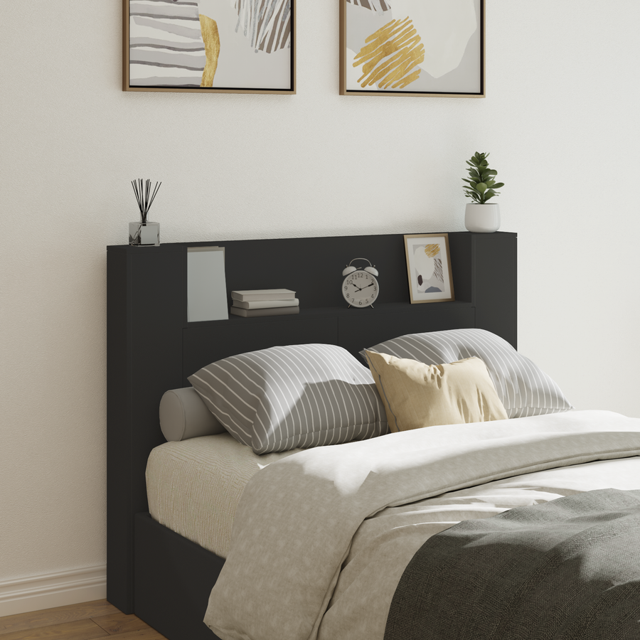 Storage Headboard with LED Black Engineered Wood