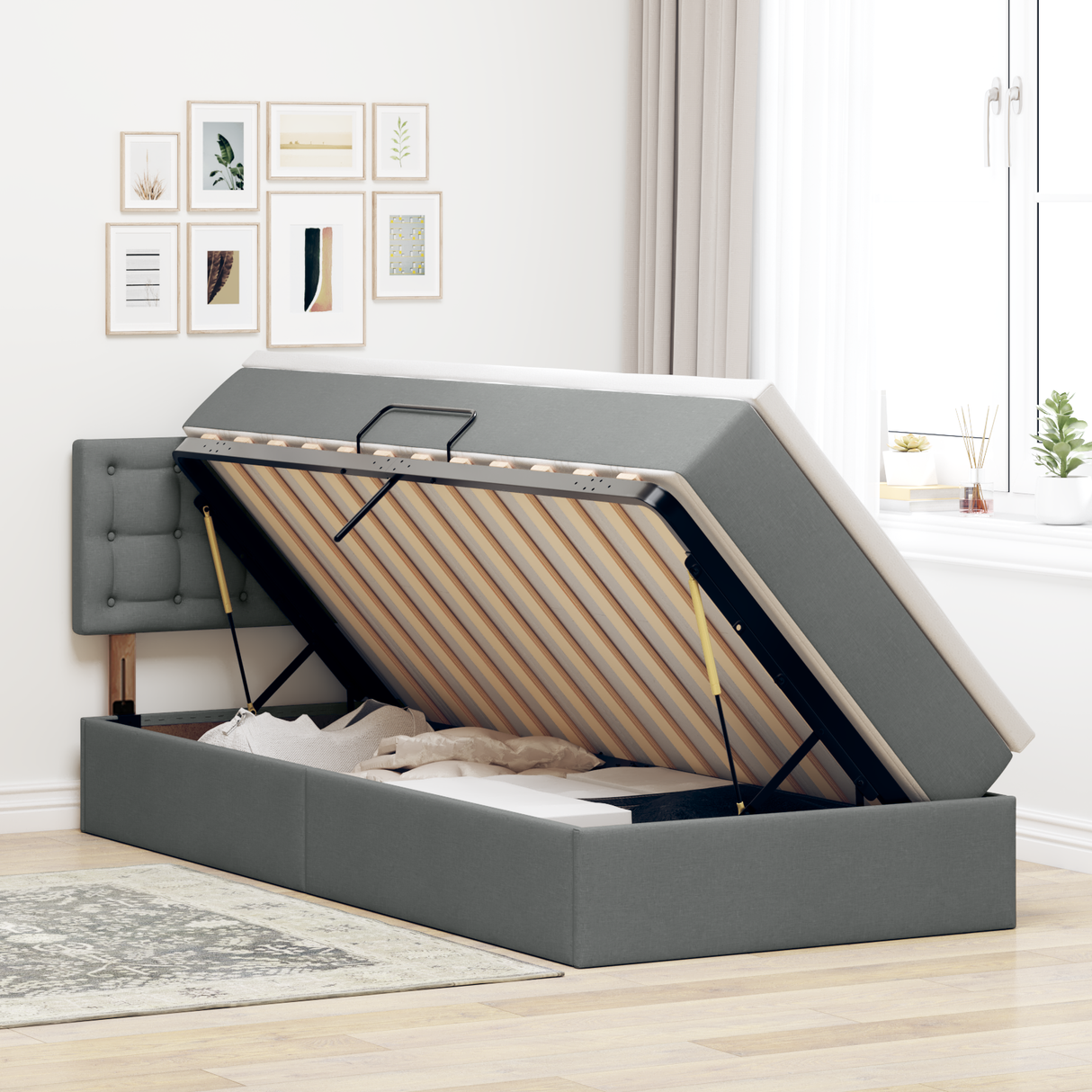 LED Storage Bed with Mattress Dark Grey 107 x 203 cm Fabric