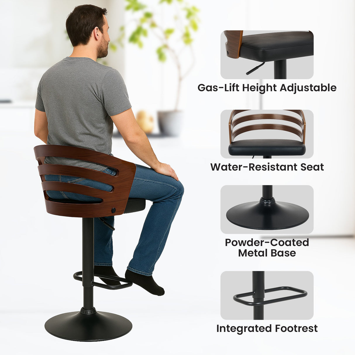 Sarantino Set of 3 Bentwood Walnut Barstool Leather Seat and Metal Base