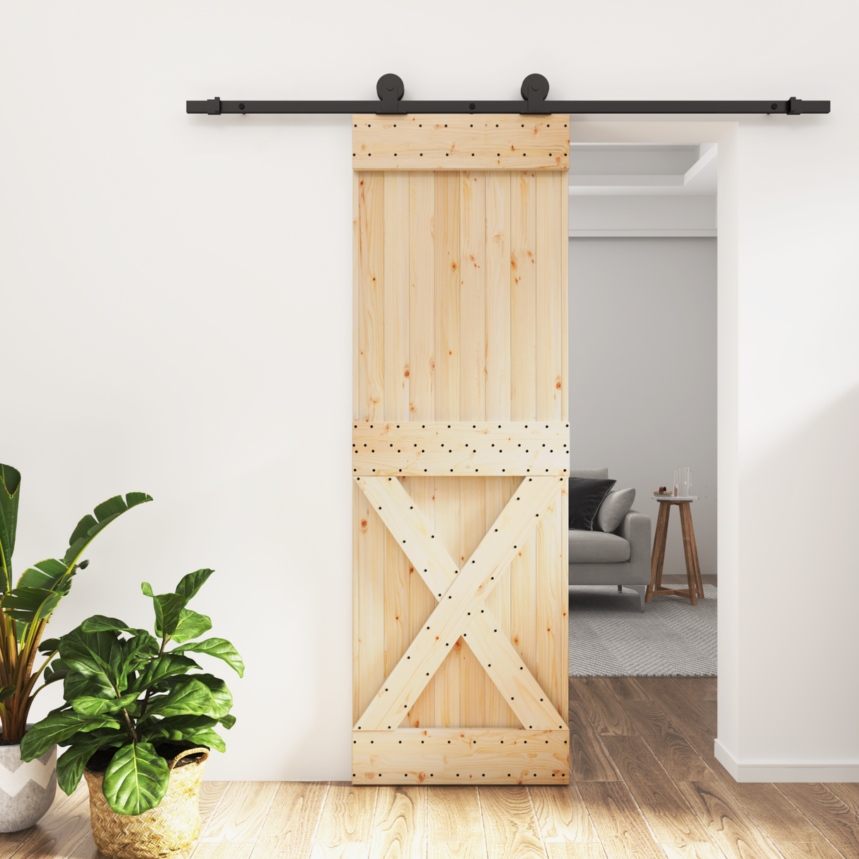 Sliding Door Natural and Black 70 x 210 cm Solid Pine Wood