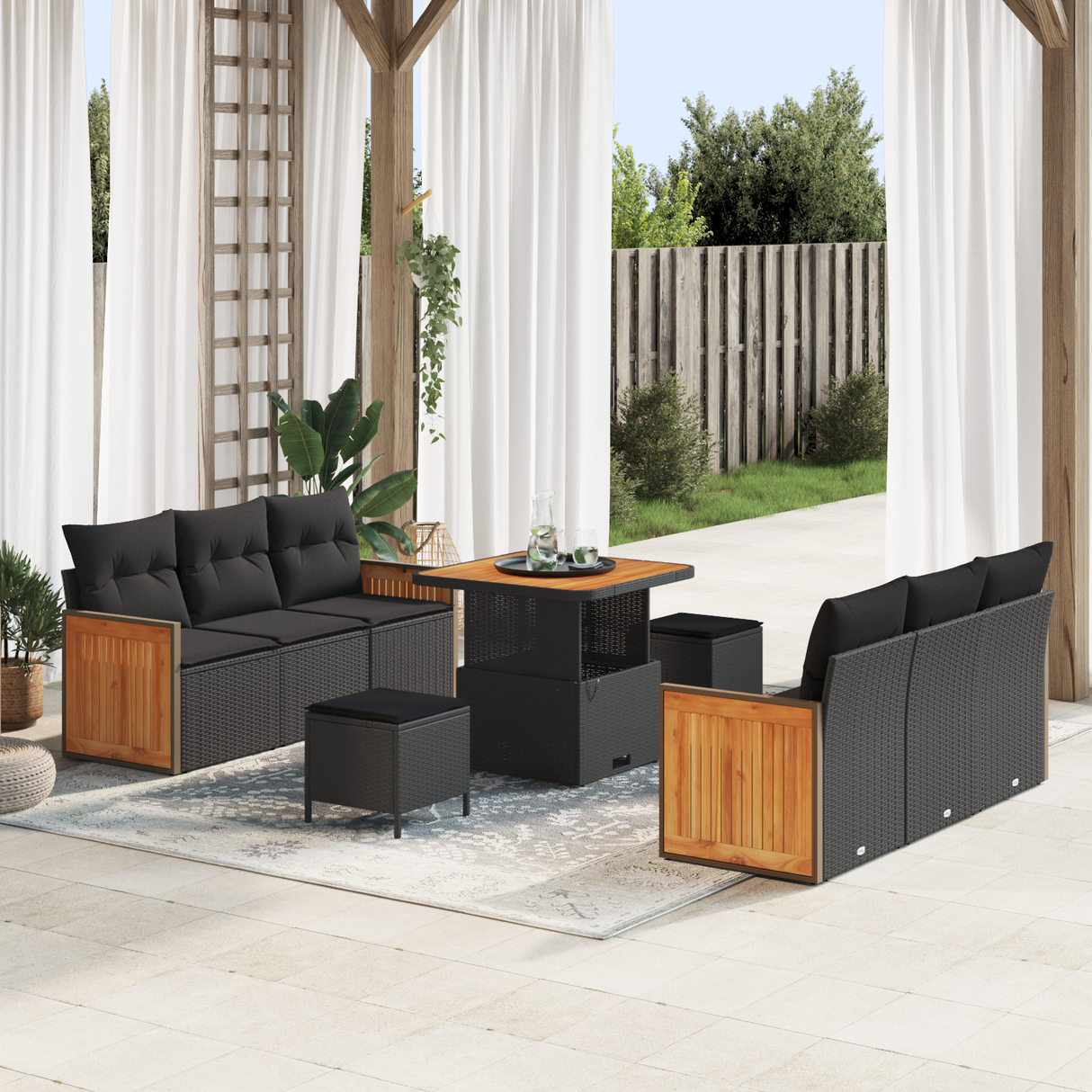 Garden Sofa Set 9 pcs Black Poly rattan and powder-coated steel