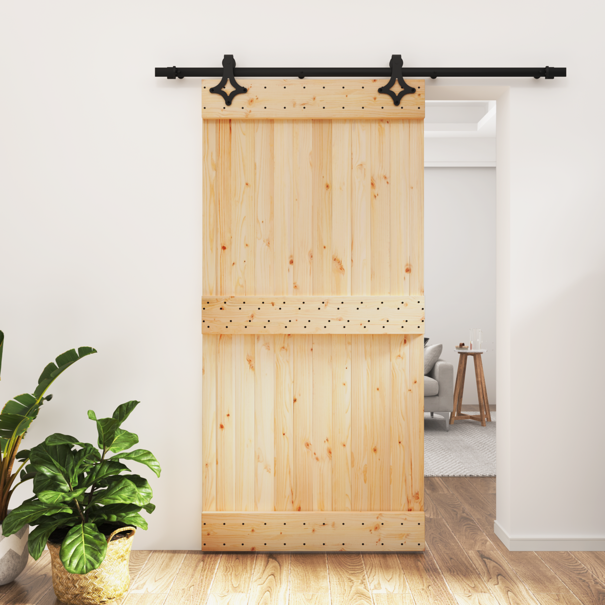 Sliding Door Natural and Black 100 x 210 cm Solid Pine Wood