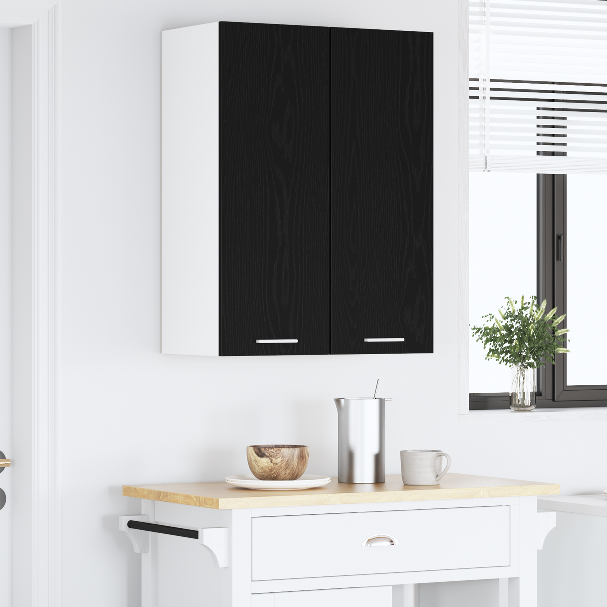Hanging Cabinet with Door Black Oak and White 30 x 31 x 80 cm