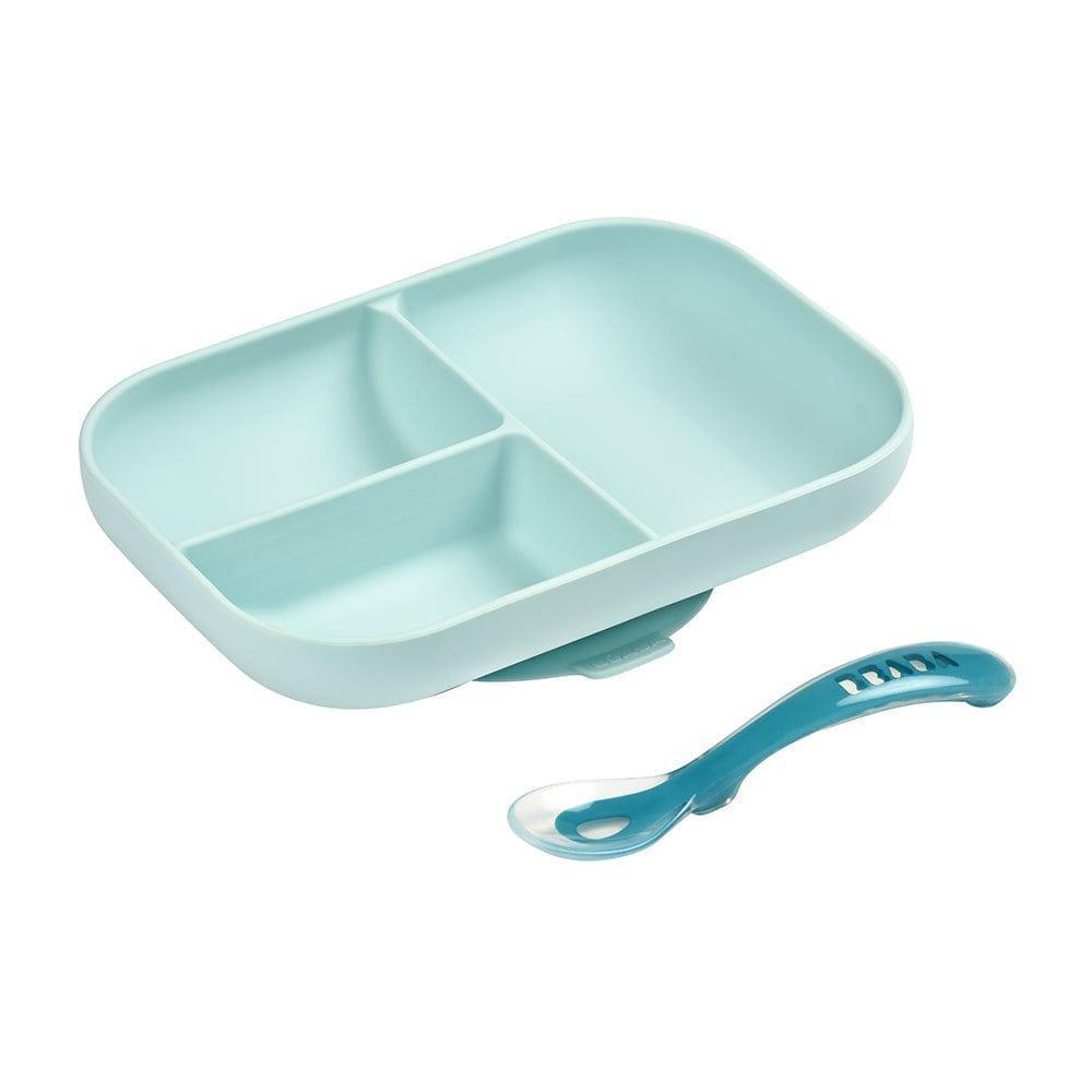 Beaba Silicone Suction Divided Plate & Spoon - Blue-2006733439155441664