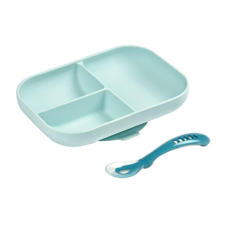 Beaba Silicone Suction Divided Plate & Spoon - Blue-2006733439155441664