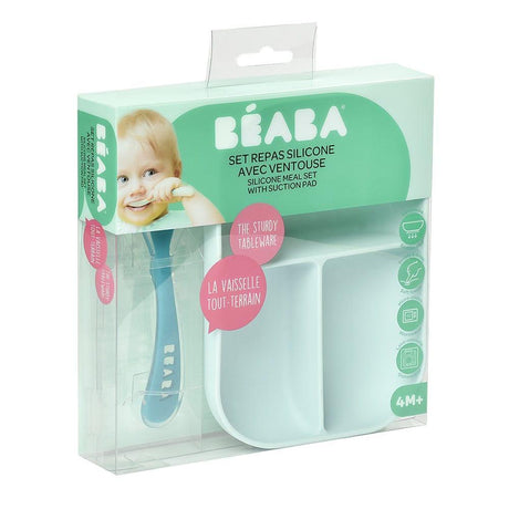 Beaba Silicone Suction Divided Plate & Spoon - Blue-2006733439155441666
