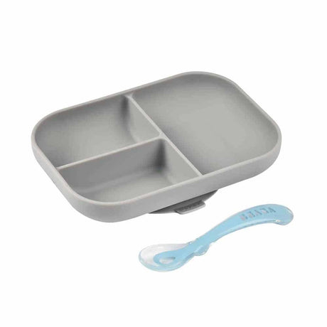 Beaba Silicone Suction Divided Plate & Spoon - Grey-2006733439470014464