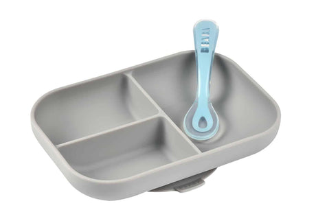 Beaba Silicone Suction Divided Plate & Spoon - Grey-2006733439470014465