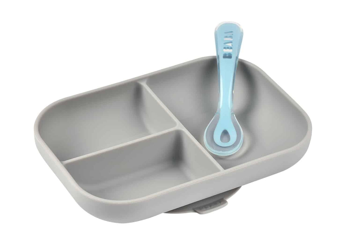 Beaba Silicone Suction Divided Plate & Spoon - Grey-1954803103287087105