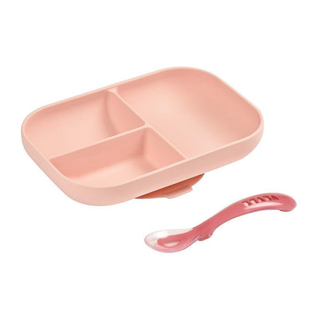 Beaba Silicone Suction Divided Plate & Spoon - Pink-2006733439327408128