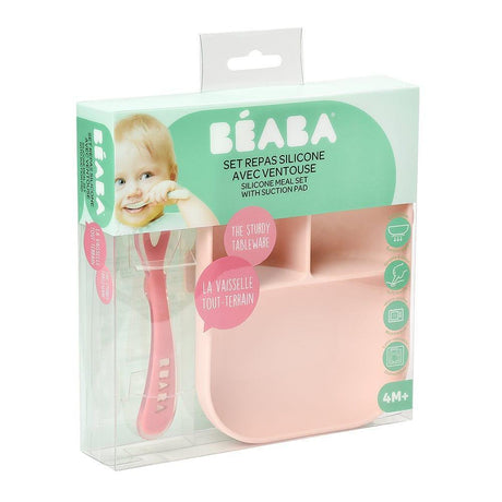 Beaba Silicone Suction Divided Plate & Spoon - Pink-2006733439327408130