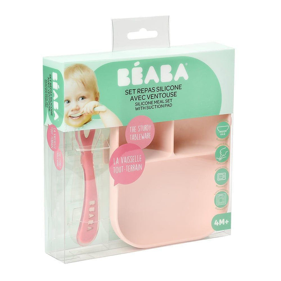 Beaba Silicone Suction Divided Plate & Spoon - Pink-2006733439327408130