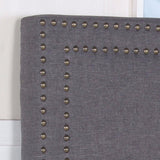 Bed Head Queen Charcoal Headboard Upholstery Fabric Studded Buttons - Front View