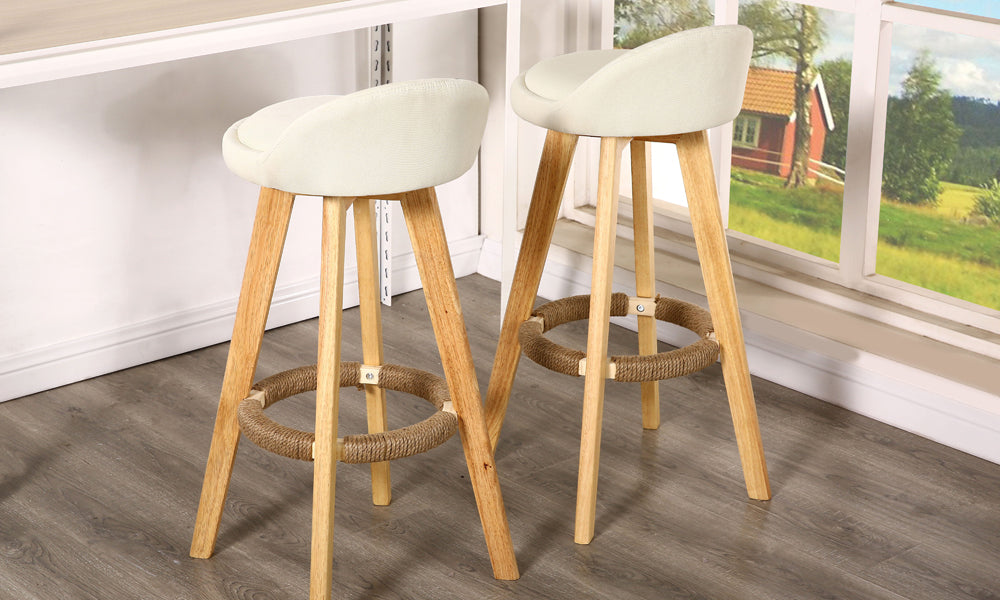 2 Pcs Wooden Bar Stools Swivel Padded Fabric Seat Dining Chairs Beige