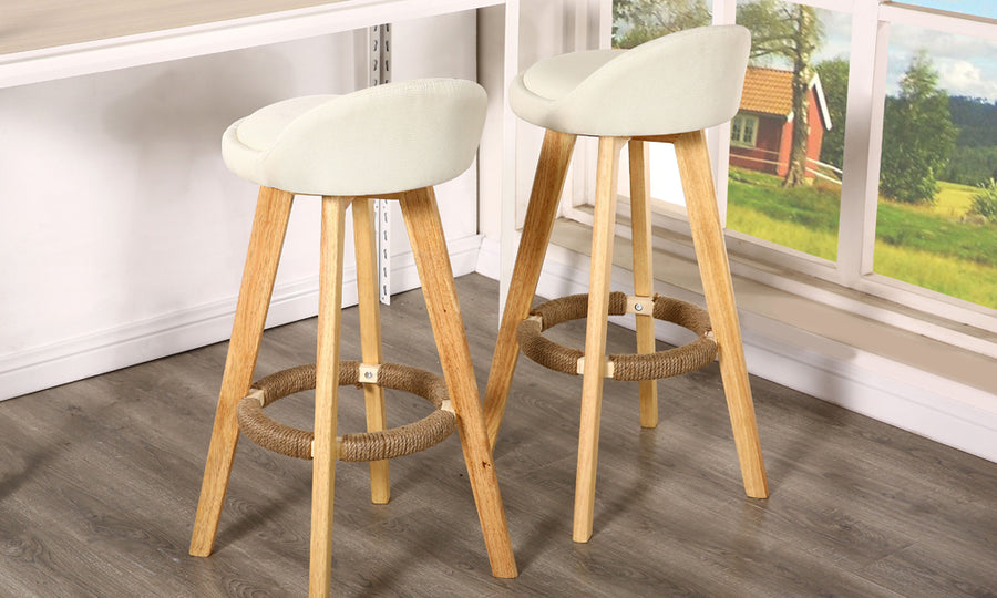 2 Pcs Wooden Bar Stools Swivel Padded Fabric Seat Dining Chairs Beige