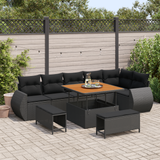 Garden Sofa Set with Cushion 9 pcs Black Poly Rattan - Front View