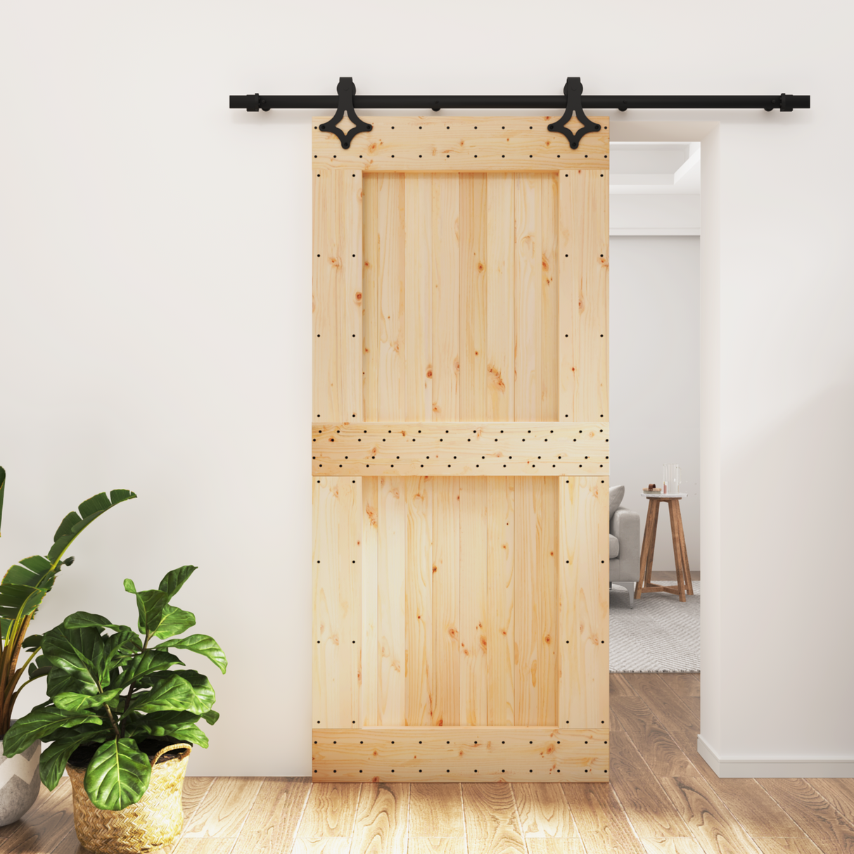Sliding Door Natural and Black 95 x 210 cm Solid Pine Wood
