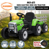 Kahuna MX-611 Kids Electric Ride On Tractor Trailer Car Green Grey - Front View